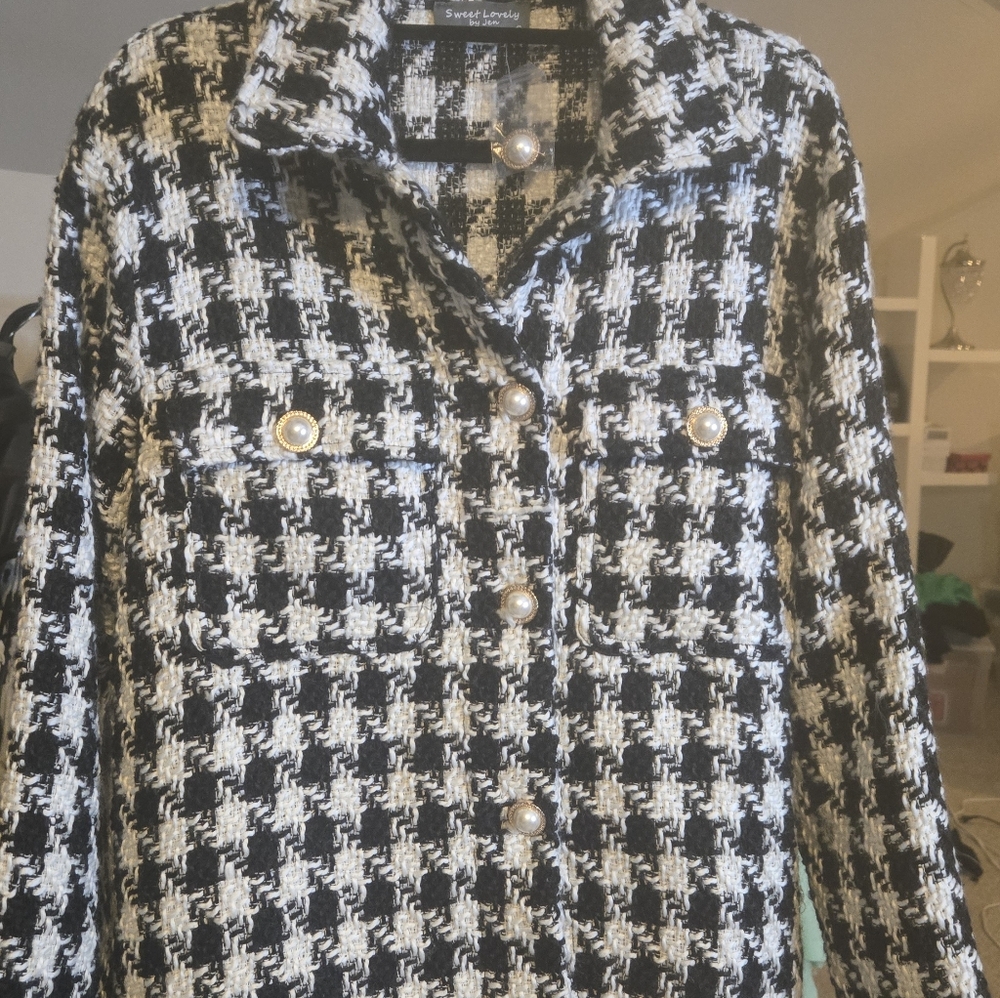 Designer Inspired Houndstooth Tweed Shacket With Pearl Buttons